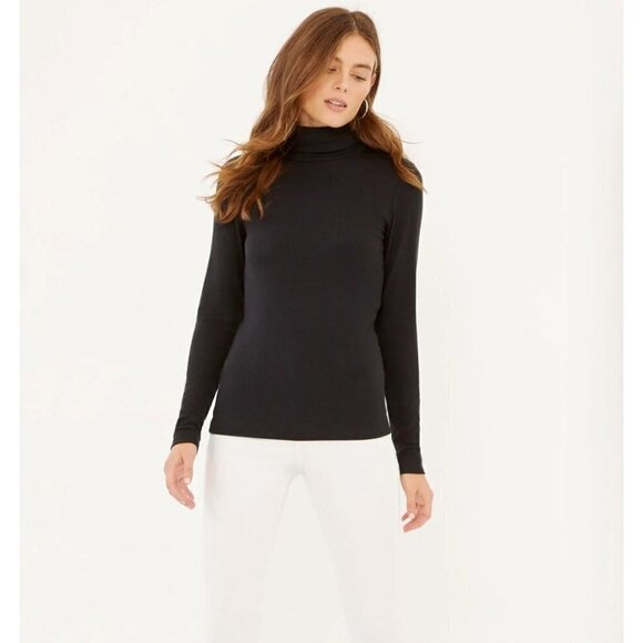 Three Dots Black Ribbed Refined Long Sleeve Turtleneck L - Picture 1 of 5